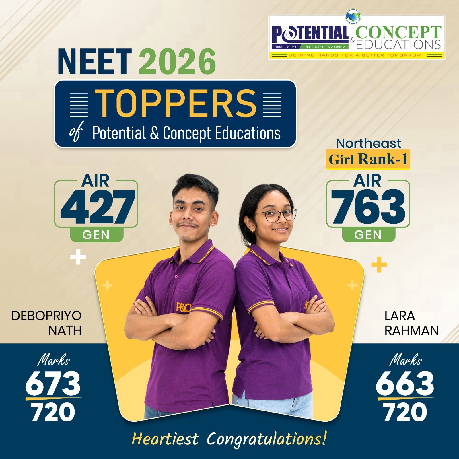 Potential & Concept Educations celebrates NEET 2026 toppers Debopriyo Nath (AIR 427, 673/720) and La